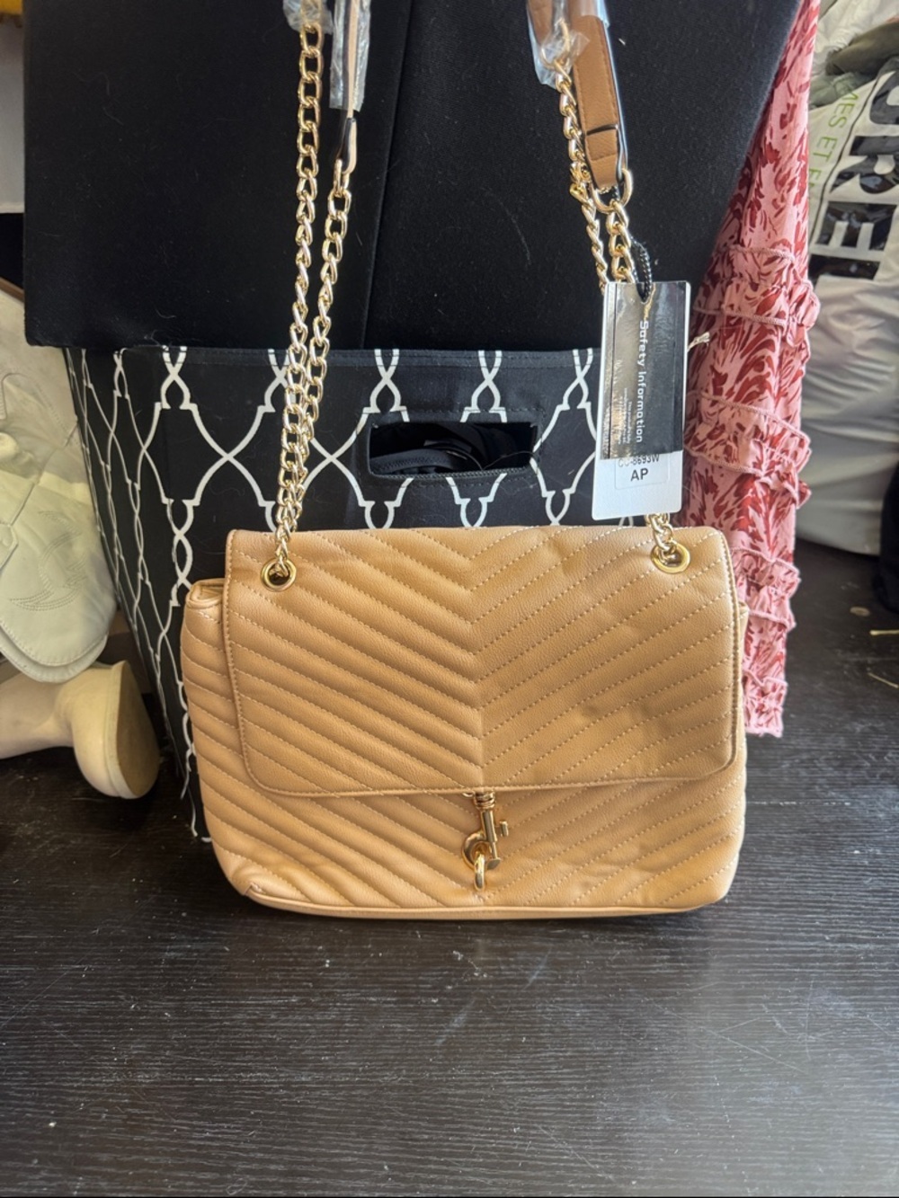Quilted Tan Shoulder Bag with Gold Chain Strap